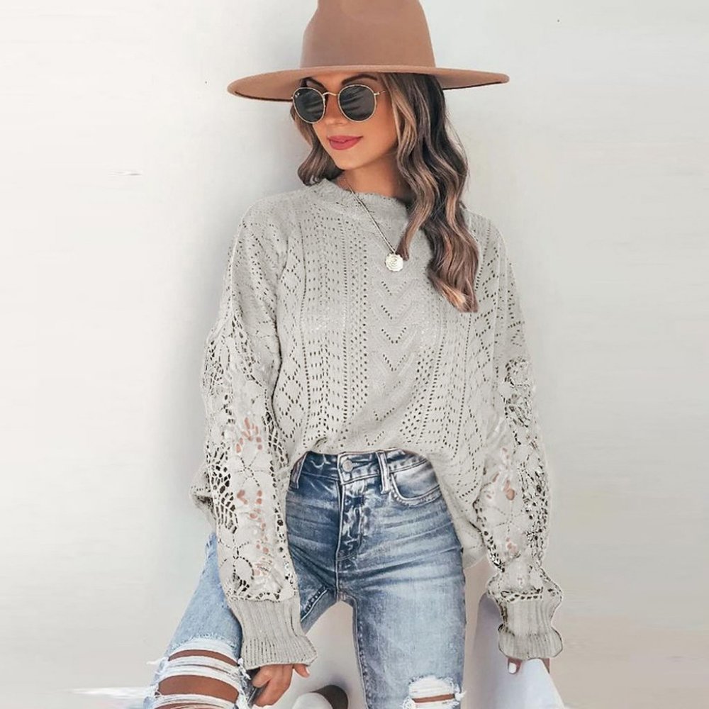 Women's Gray Bohemian Crochet Long Sleeve Light Sweater NWT - Picture 3 of 9